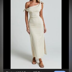 SHOWPO Cincinnati maxi beige Dress off shoulder cotton linen slit classy 10 new